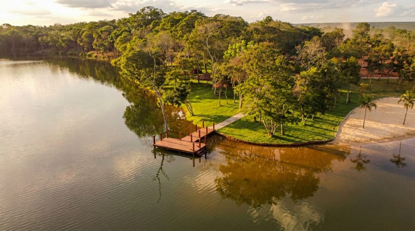 Píer junto ao lago e à área verde